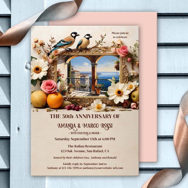 Vintage Italienska romanska årsdagen Party Inbjudningar (Vintage romantic Italian wedding anniversary invitation featuring a still life with love birds)
