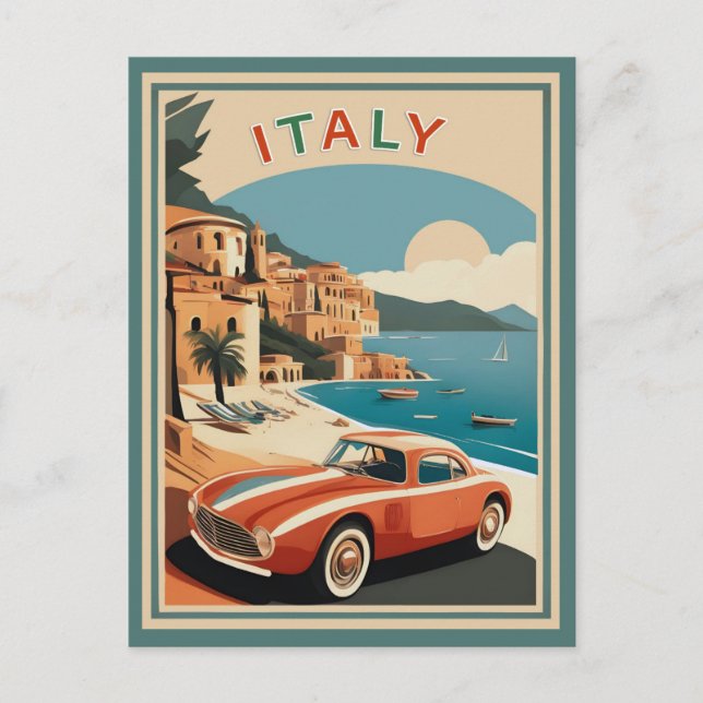 Vintage Italy Coast Beach Car Vykort (Framsida)