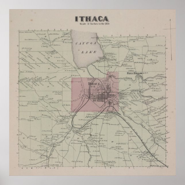 Vintage Ithaca NY Karta (1866) Poster (Framsidan)