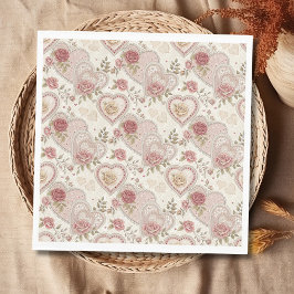 Vintage Ivory Brown Frilled Hearts Rose Pattern Pappersservett