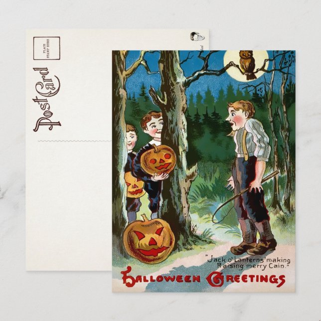 Vintage Jack o' Lantern Halloween vykort (Fram/baksida)