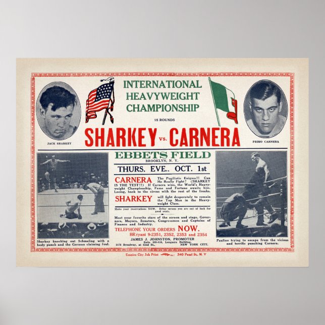 Vintage Jack Sharkey vs Primo Carnera Boxing Poster (Framsidan)