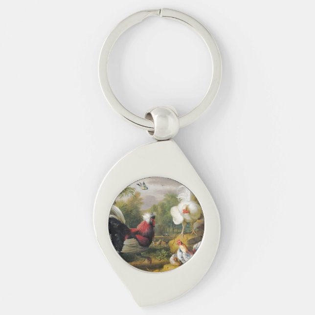 Vintage Jakob Bogdani Cockrels Fight Swirl Silverfärgad Nyckelring (Framsidan)