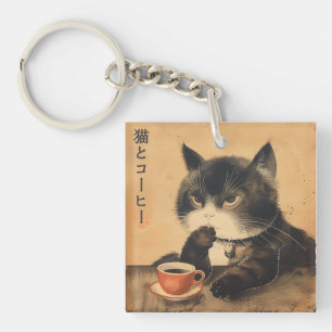 Vintage Japan art söt katt med en kopp kaffe