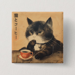 Vintage Japan art söt katt med en kopp kaffe Knapp