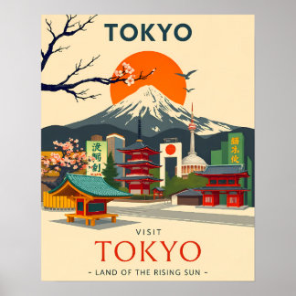 Vintage Japan med berget Fuji & Pagoda Poster