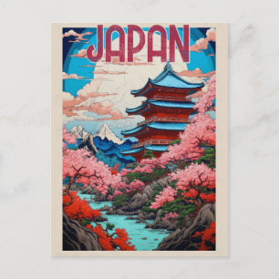 Vintage Japan Pagoda Cherry Blommars Travel Vykort