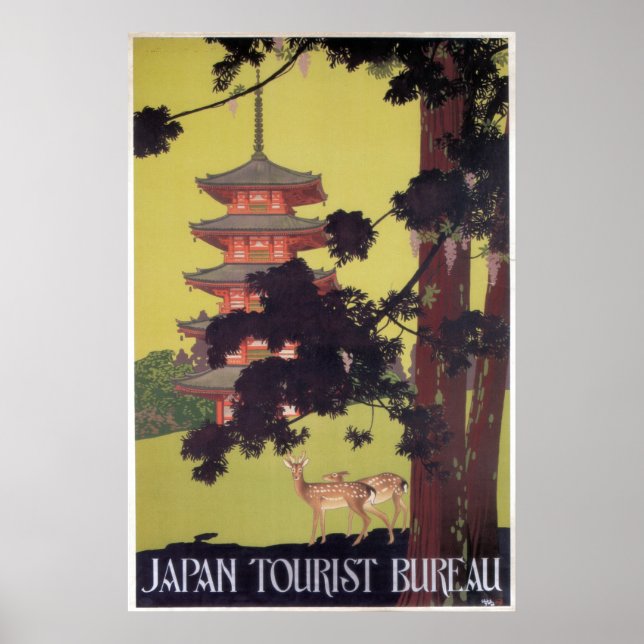 Vintage Japan Travel Hjort och Temple Poster (Framsidan)