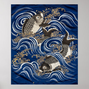 Vintage Japanese Carp In Waves, Retro Poster