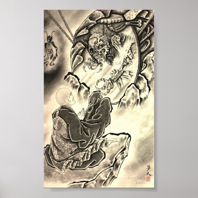 Vintage japanese demon munk tattoo poster (Framsidan)