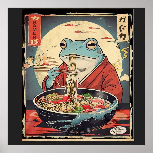 Vintage Japanese Frog Eating Ramen Ukiyo-e Poster (Framsidan)