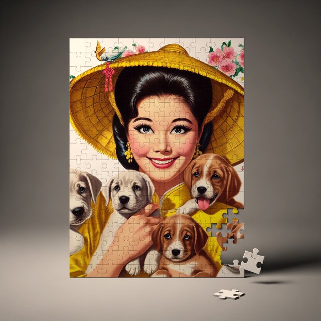 Vintage Japanese Woman and Puppies Pussel (Skapare uppladdad)