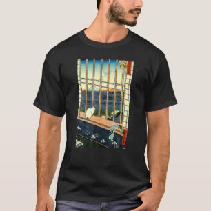 Vintage Japansk Art Hiroshige Neko Cat Mount Fuji T Shirt