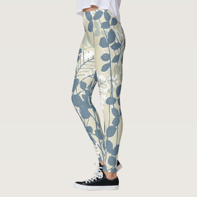 Vintage Japansk Blå Botanisk: Crème Lövfärgad Fern Leggings (Vänster)