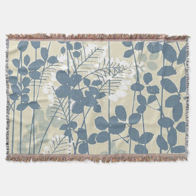 Vintage Japansk Blå Botanisk: Crèmeblad Fern Filt (Framsidan)