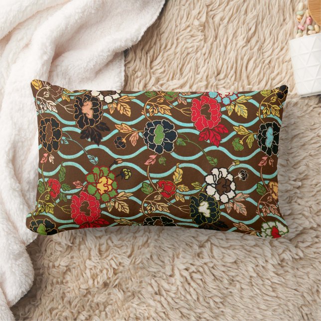 Vintage Japansk Blommig Design Lumbarkudde (Filt)