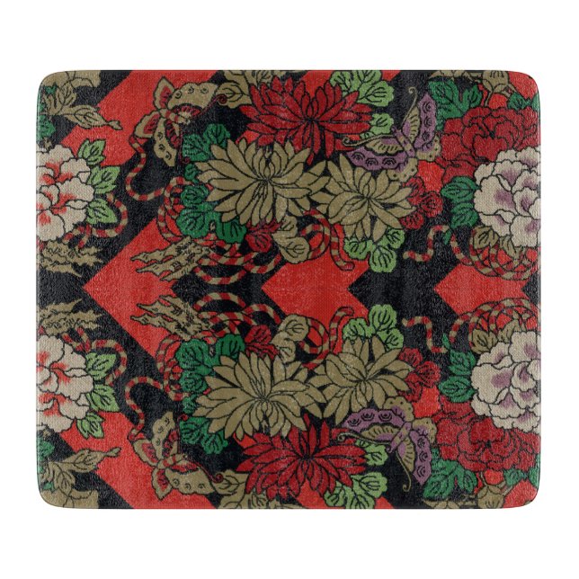 Vintage Japansk Blommig Pion Röd Svart Mönster (Framsidan)