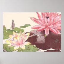 Vintage Japansk Blommigt Art Rosa Lotus Pond