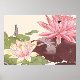 Vintage Japansk Blommigt Art Rosa Lotus Pond Poster