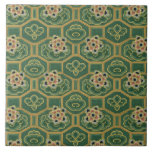 Vintage japansk Blommigt Kakelplatta<br><div class="desc">Antique Victorian era mönster återställdes och anpassades från insamlingen av traditionella japanska formgivningar. Kluster av grädde och rosa blommor på en geometrisk bakgrund av grönt och guld.</div>