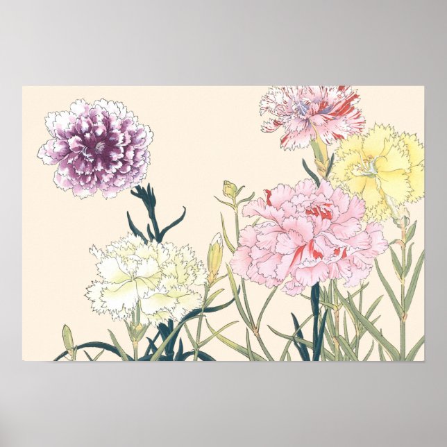 Vintage Japansk Blommigt Rosa Carnations Poster (Framsidan)