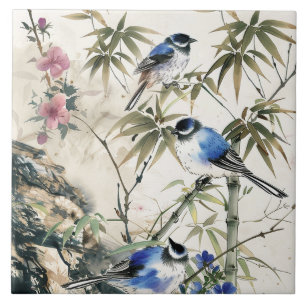 Vintage Japansk Fågel Blomma Kakelplatta