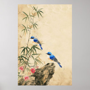 Vintage Japansk Fågel Blomster Affisch