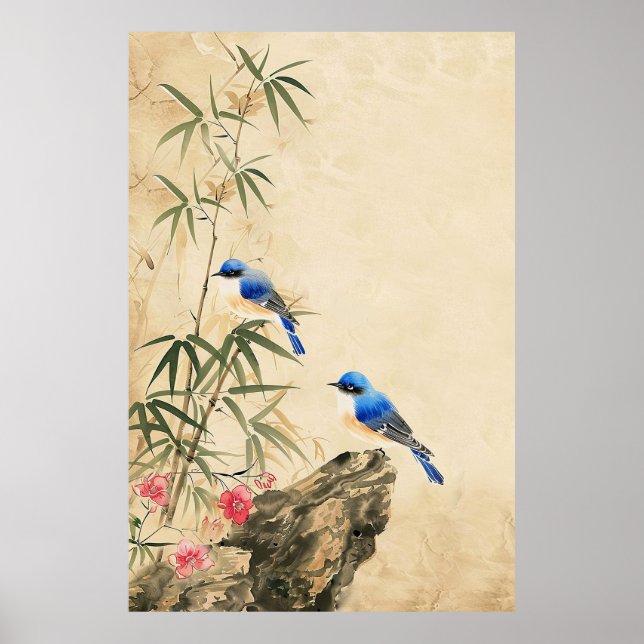 Vintage Japansk Fågel Blomster Affisch (Framsidan)