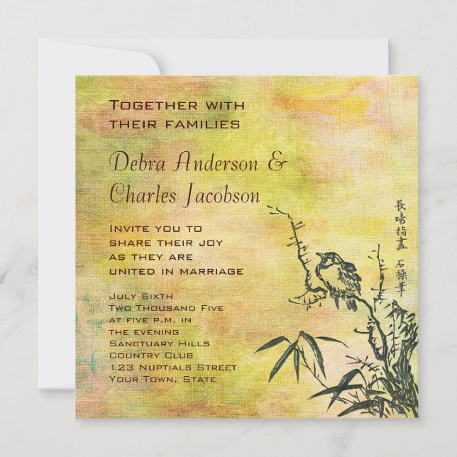 Vintage Japansk Fågel Bröllop Inbjudningar (Framsida)