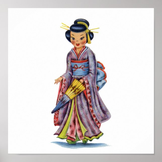Vintage Japansk flicka i Kimono Poster (Framsidan)