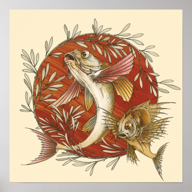 Vintage Japansk flygfisk med Bamboo Löv Poster (Framsidan)