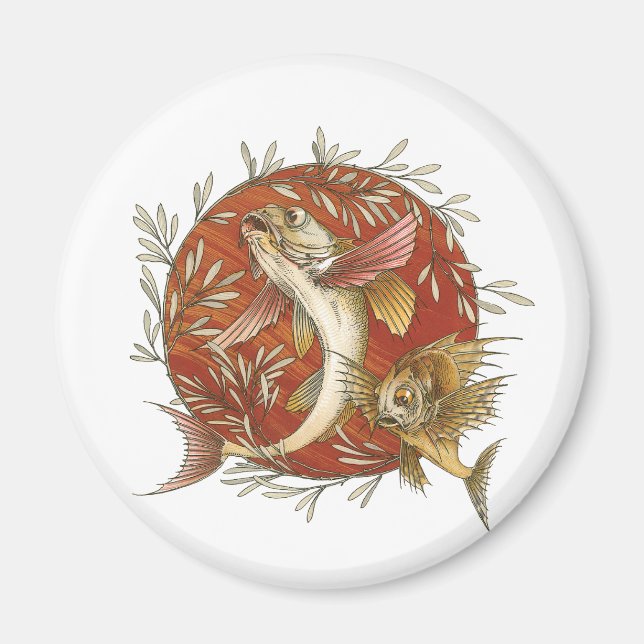 Vintage Japansk flygfisk och Bamboo Löv Art Magnet (Framsidan)