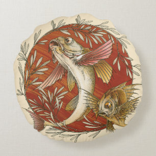 Vintage Japansk flygfisk och Bamboo Löv Art Rund Kudde