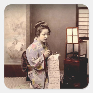 Vintage Japansk Geisha - Brev Writer-fästmärke Fyrkantigt Klistermärke