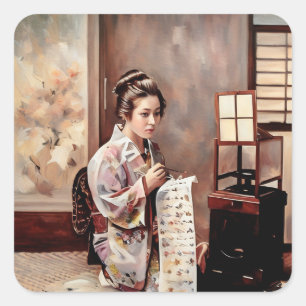 Vintage Japansk Geisha - Brev Writer-fästmärke Fyrkantigt Klistermärke