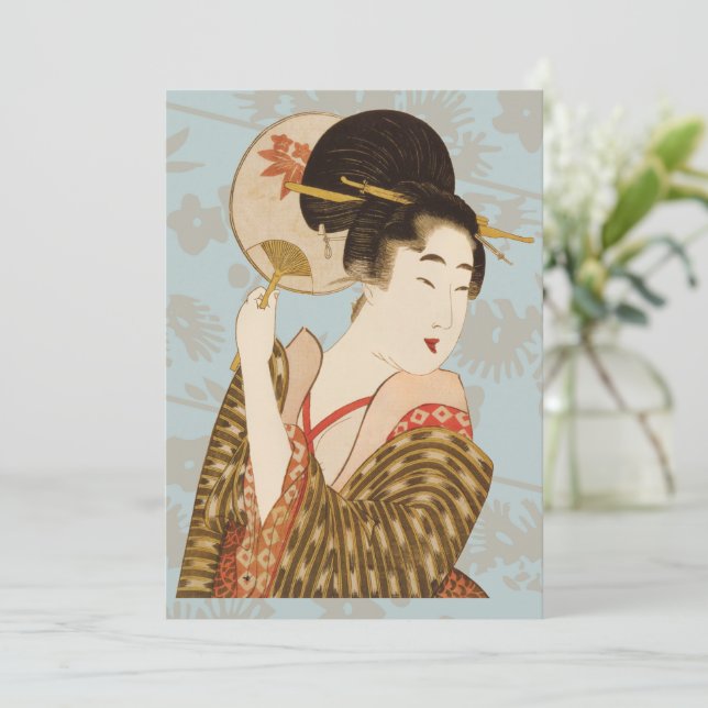 Vintage Japansk Geisha Girl i Kimono med Fläkt (Stående Fram)