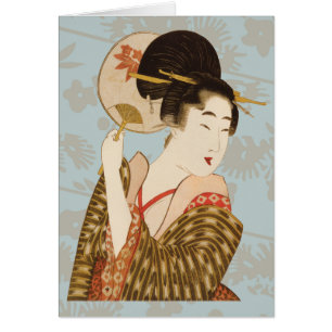 Vintage Japansk Geisha Girl i Kimono med Fläkt Hälsningskort