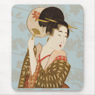 Vintage Japansk Geisha Girl i Kimono med Fläkt Musmatta