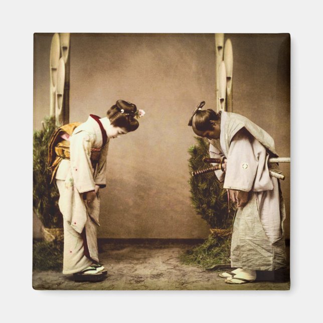 Vintage Japansk Geisha Hälsning Old Japan Magnet (Framsidan)