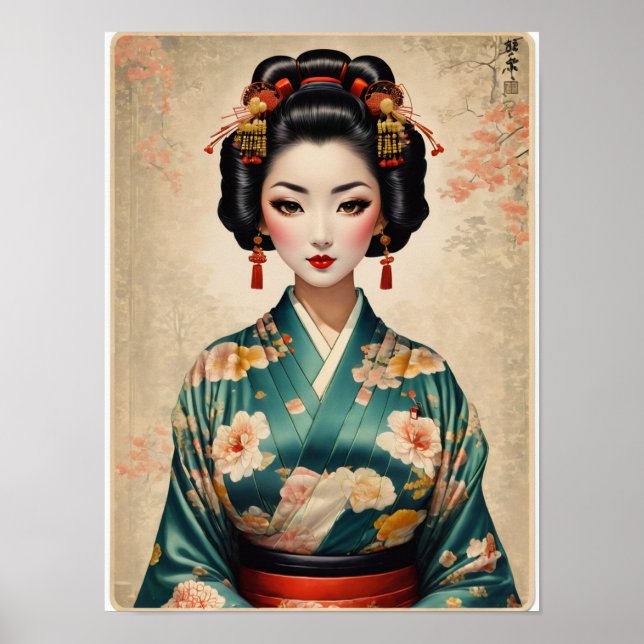 Vintage Japansk Geisha Porträtt Poster (Framsidan)