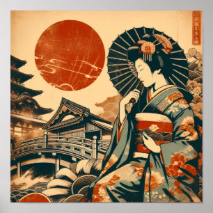 Vintage japansk geisha röd sol pagod konstaffisch poster