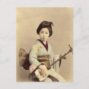 Vintage Japansk geisha som spelar schampisen Vykort