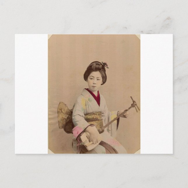 Vintage Japansk Geisha Spela Shamisen Vykort (Framsida)