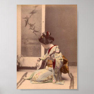 Vintage japansk geisha spelar shamisen poster