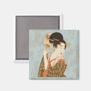 Vintage japansk geishaflicka i kimono med fläkt magnet
