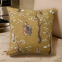 Vintage Japansk Illustration Botanical Guld Träd Kudde