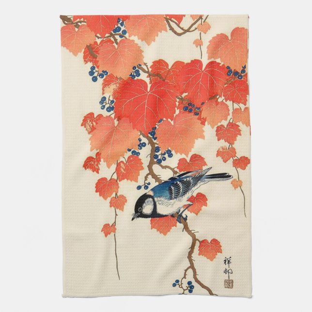 Vintage Japansk Jay Fågel och Höstdruvvinrankor Kökshandduk (Vertikal)