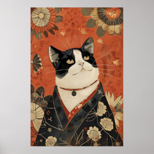 Vintage Japansk Katt Affisch Rolig Kimono Väggkons