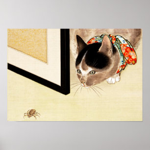Vintage Japansk katt Watching Spider Art Poster
