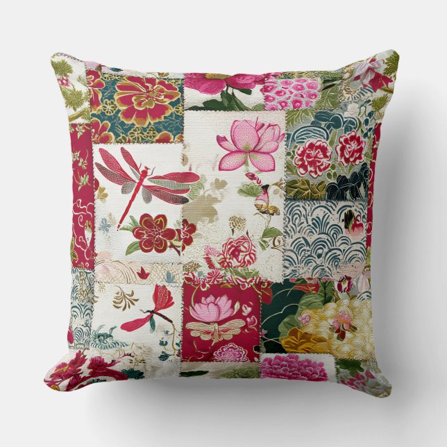 Vintage Japansk Kimono Blommigt Patchwork Kudde (Framsida)